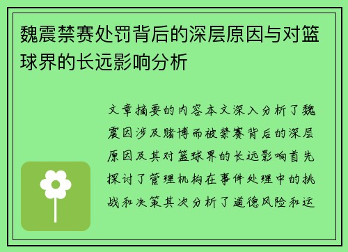 魏震禁赛处罚背后的深层原因与对篮球界的长远影响分析