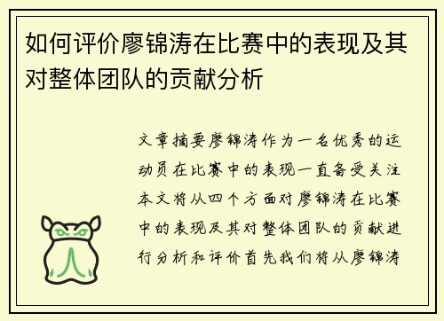 如何评价廖锦涛在比赛中的表现及其对整体团队的贡献分析