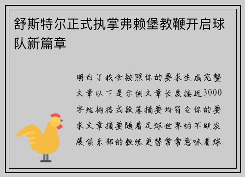 舒斯特尔正式执掌弗赖堡教鞭开启球队新篇章