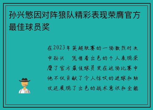 孙兴慜因对阵狼队精彩表现荣膺官方最佳球员奖