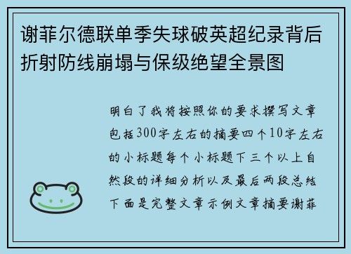 谢菲尔德联单季失球破英超纪录背后折射防线崩塌与保级绝望全景图 谢菲尔德联单季失球破英超纪录背后折射防线崩塌与保级绝望全景图