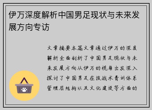 伊万深度解析中国男足现状与未来发展方向专访